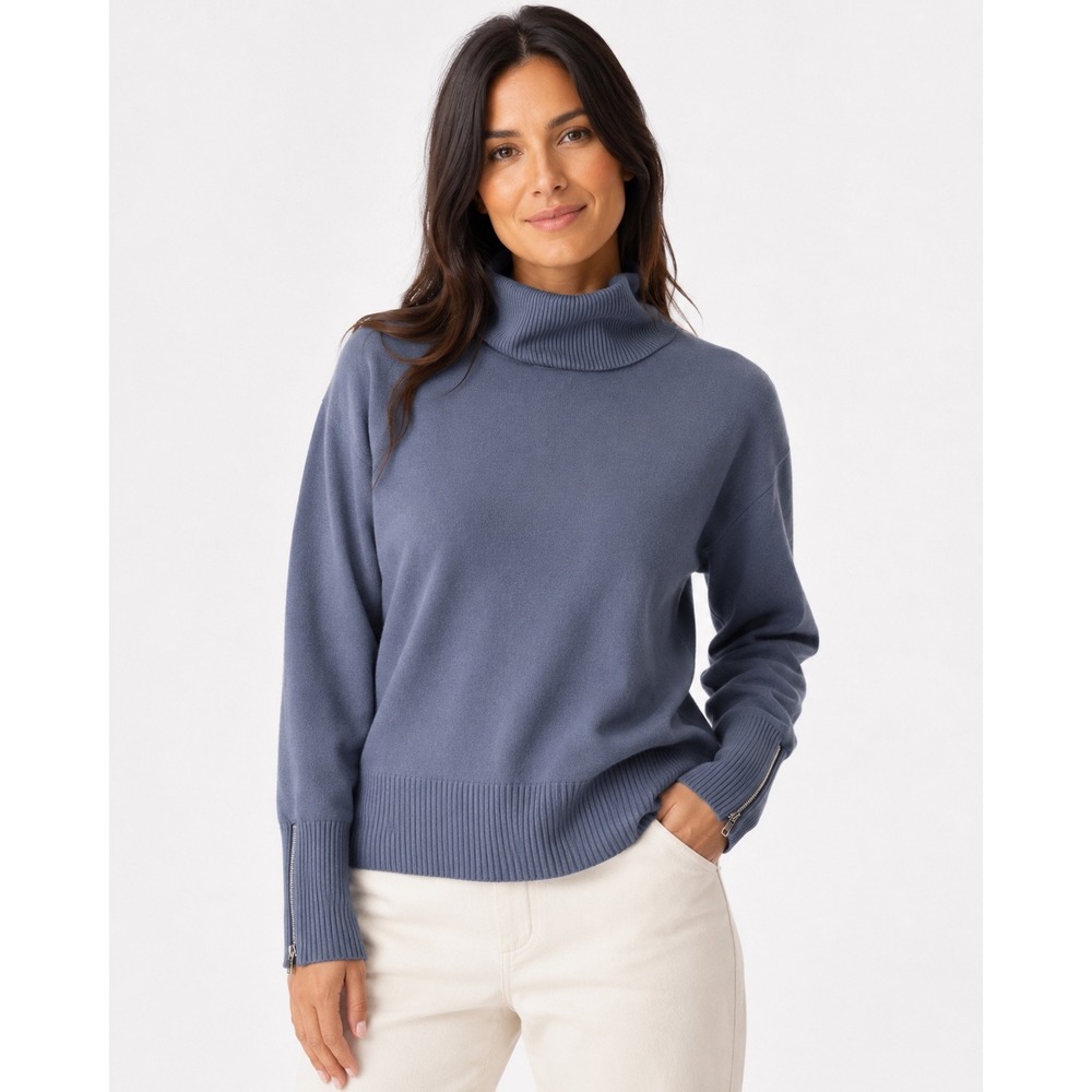 Cable & Gauge Womens Blue Gray Turtleneck Zipper Cuff Sweater Size M